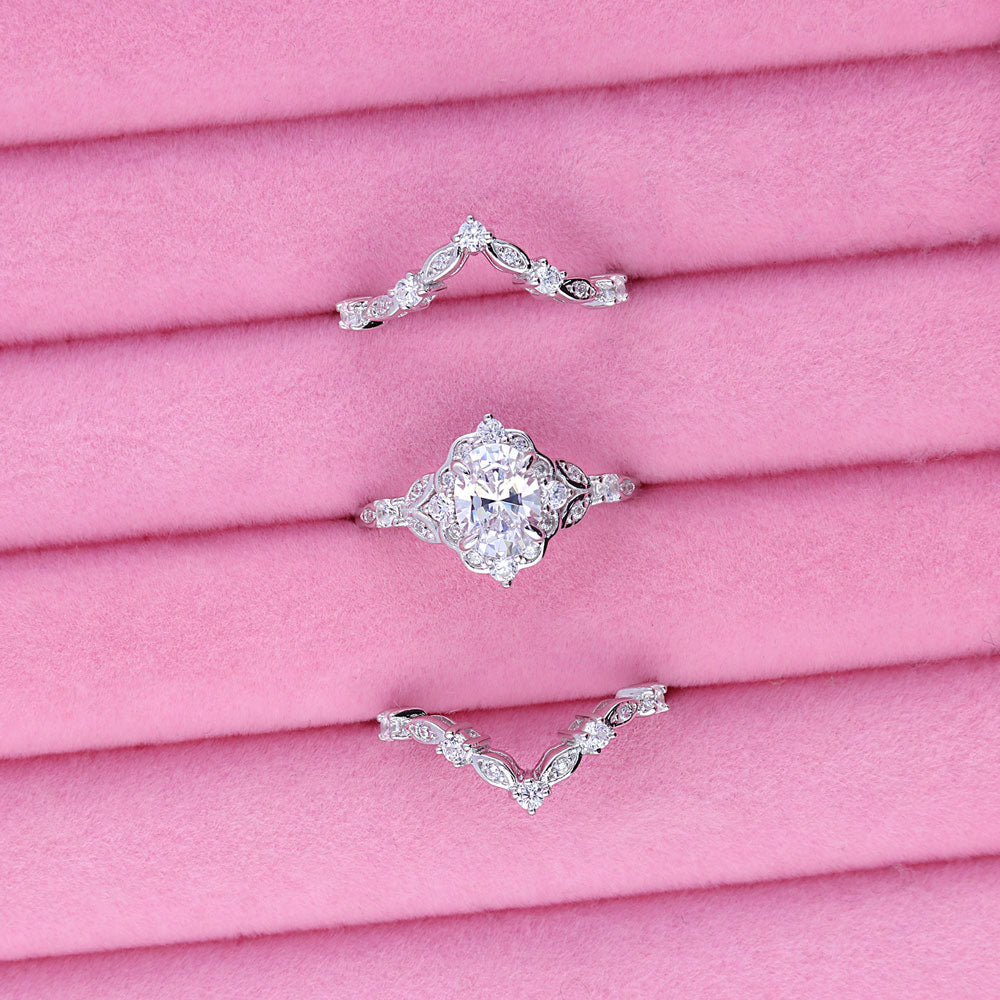 Flatlay view of Halo Art Deco Chevron V Shaped CZ Ring Set in Sterling Silver, 2 of 15