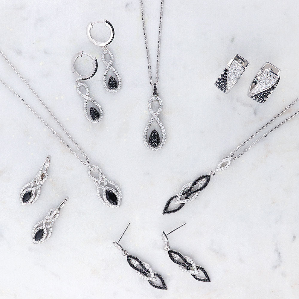 Flatlay view of Black and White CZ Earrings in Sterling Silver, 8 of 8