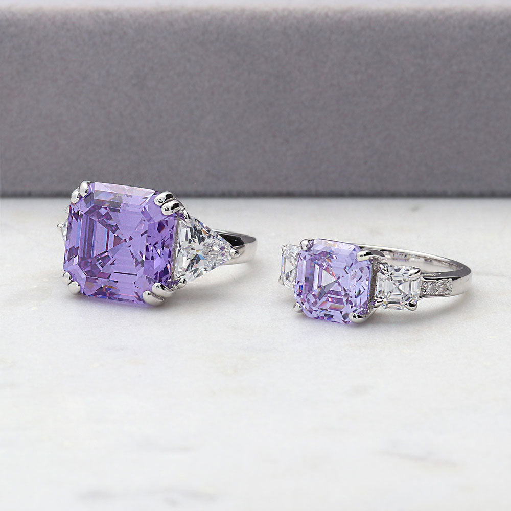 Flatlay view of 3-Stone 4.1ct Purple Asscher CZ Ring in Sterling Silver, 7 of 8