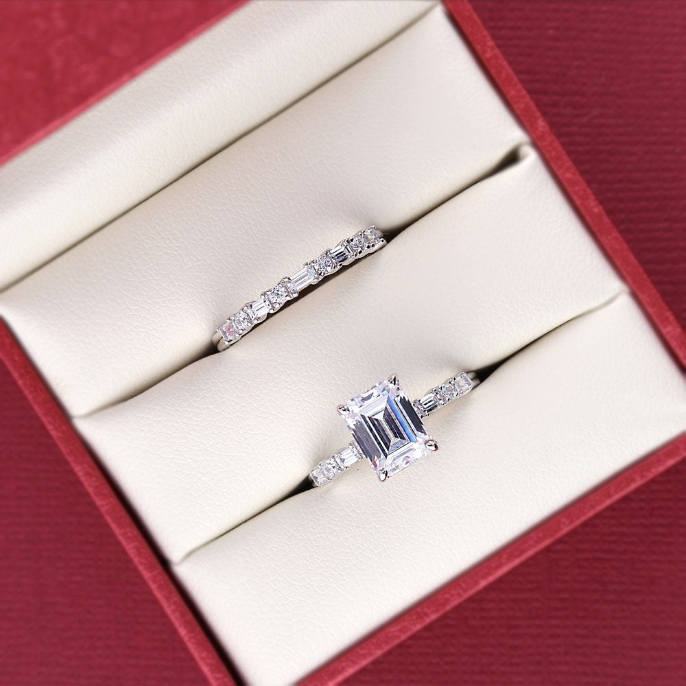 Flatlay view of Solitaire Art Deco Emerald Cut CZ Ring Set in Sterling Silver, 10 of 18