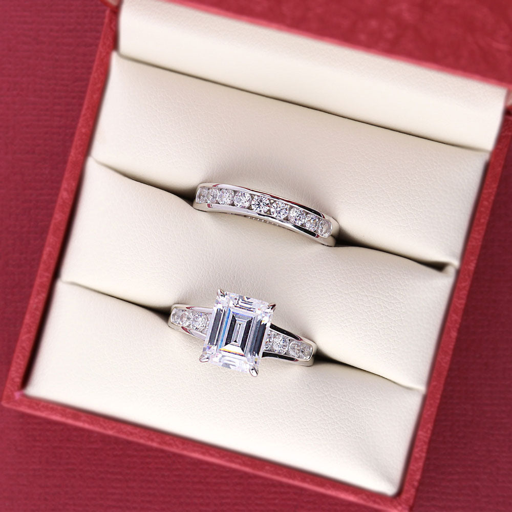 Flatlay view of Solitaire 3.8ct Emerald Cut CZ Ring Set in Sterling Silver, 9 of 17