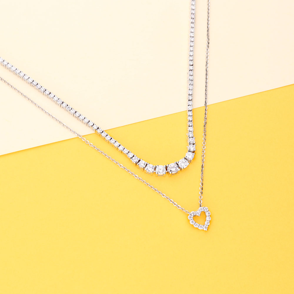 Image Contain: Graduated Tennis Necklace, Open Heart Pendant Necklace