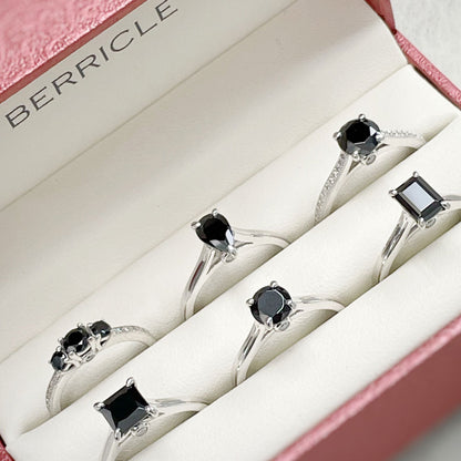 Solitaire 1ct Black Emerald Cut CZ Ring in Sterling Silver