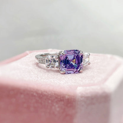 3-Stone 4.1ct Purple Asscher CZ Ring in Sterling Silver