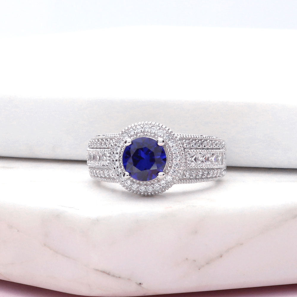 Halo Milgrain Simulated Blue Sapphire Round CZ Ring in Sterling Silver