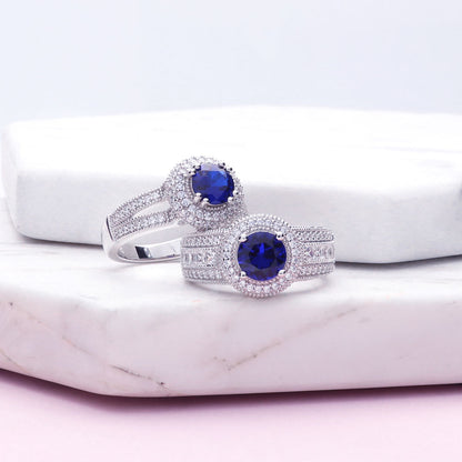 Halo Milgrain Sapphire-Blue CZ Ring in Sterling Silver