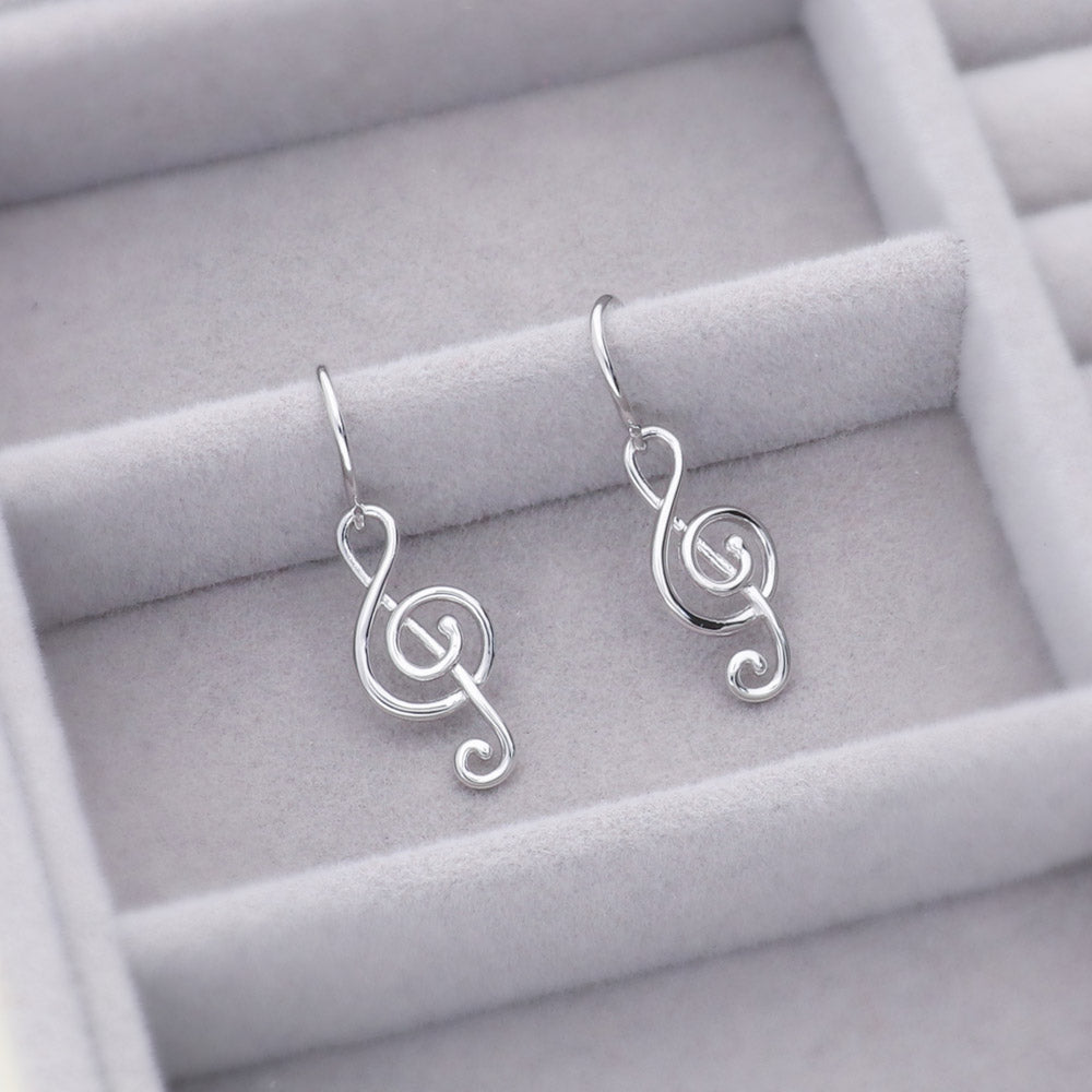 Treble Clef Music Note Fish Hook Earrings in Sterling Silver