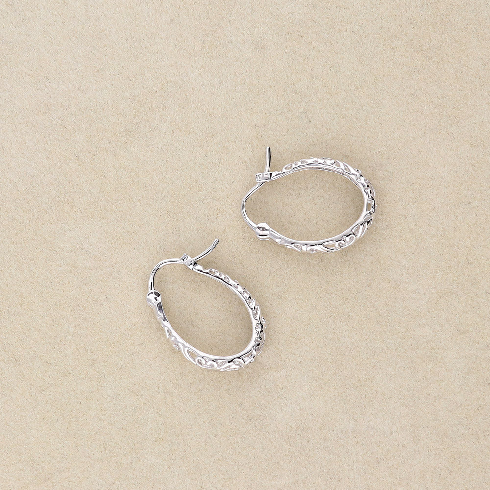 Oval Filigree Small Hoop Earrings in Sterling Silver 0.8"
