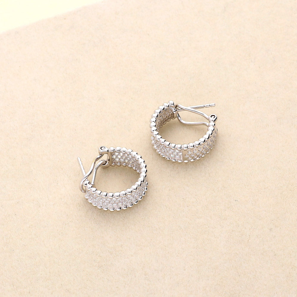 Flatlay view of Bead CZ Small Omega Back Hoop Earrings in Sterling Silver 0.7 inch, 4 of 5