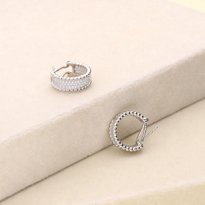 Bead CZ Small Omega Back Hoop Earrings in Sterling Silver 0.7"