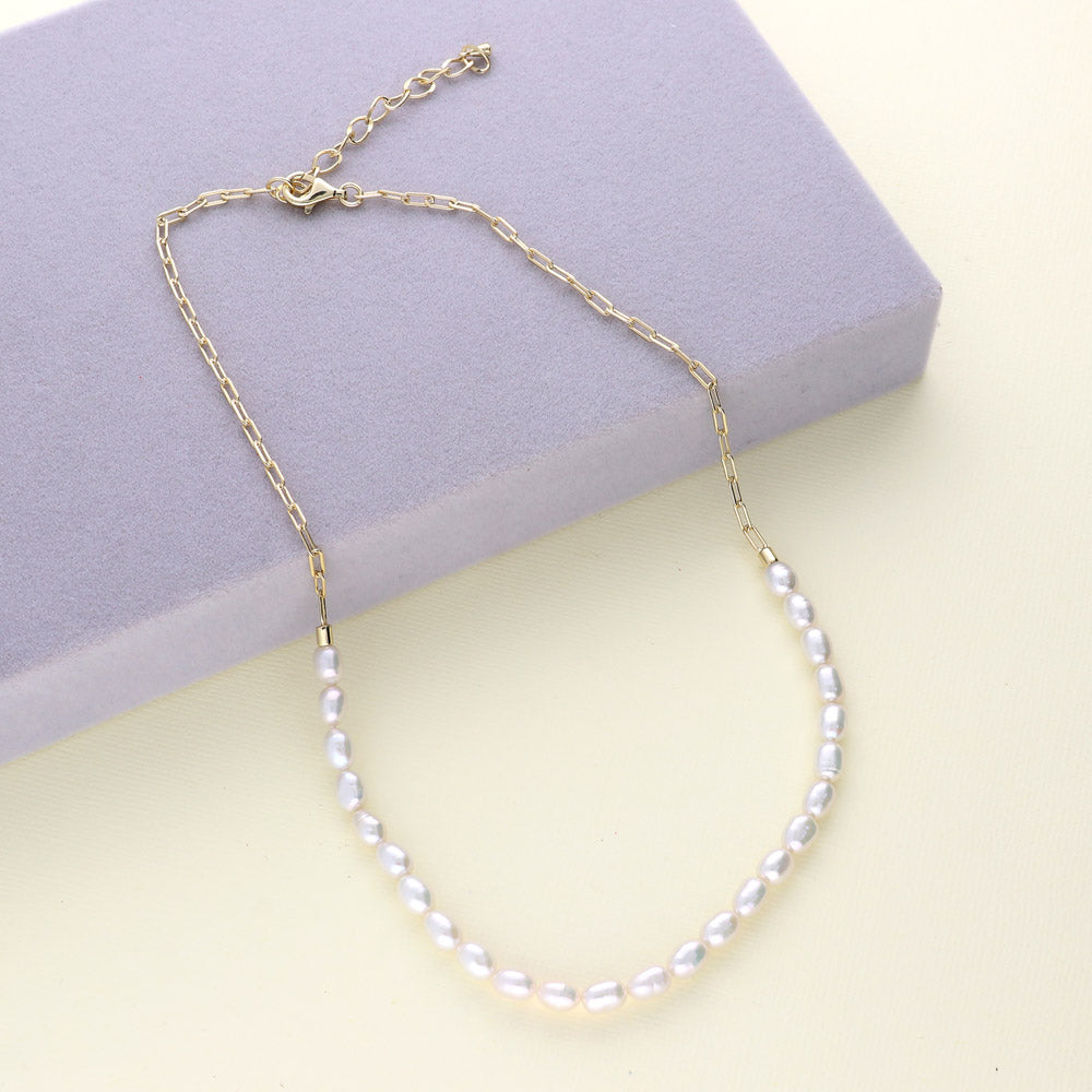 Flatlay view of Paperclip Cultured Pearl Link Chain Necklace in Sterling Silver, Yellow Gold Flashed
