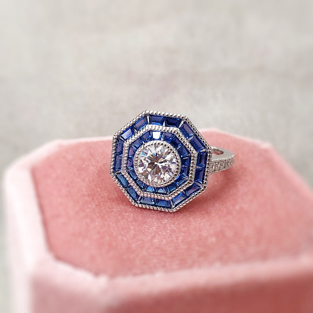 Flatlay view of Halo Art Deco Milgrain CZ Ring in Sterling Silver, 9 of 11