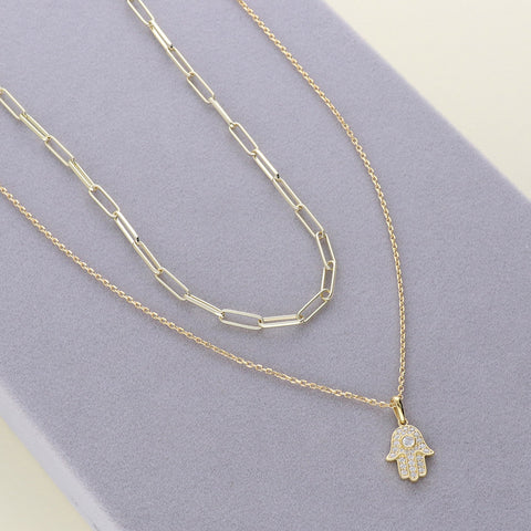 Image Contain: Hamsa Hand Pendant Necklace, Paperclip Chain Necklace