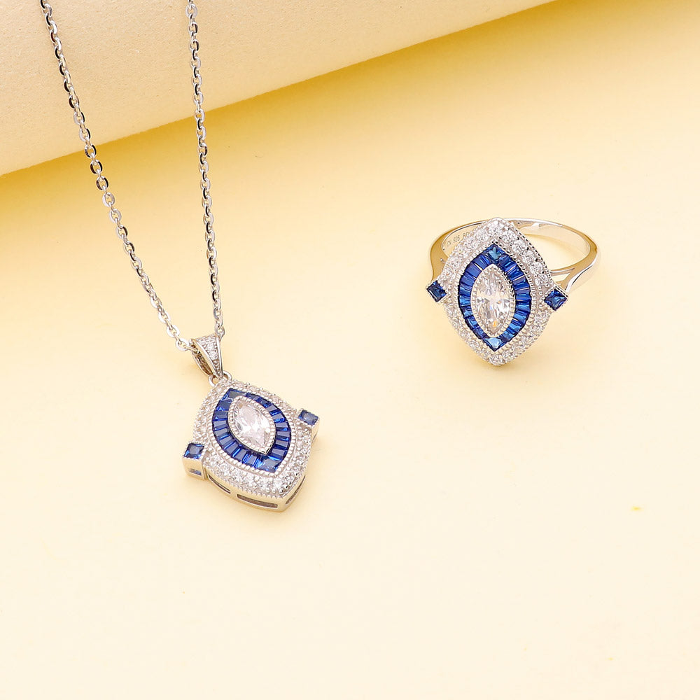 Navette Halo Art Deco Milgrain CZ Set in Sterling Silver