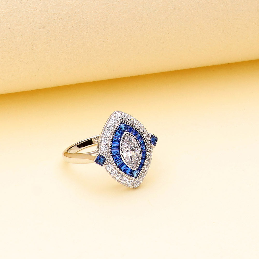 Flatlay view of Navette Halo Art Deco Milgrain CZ Ring in Sterling Silver, 2 of 8