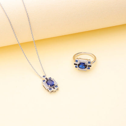 Art Deco Sapphire-Blue CZ Necklace in Sterling Silver
