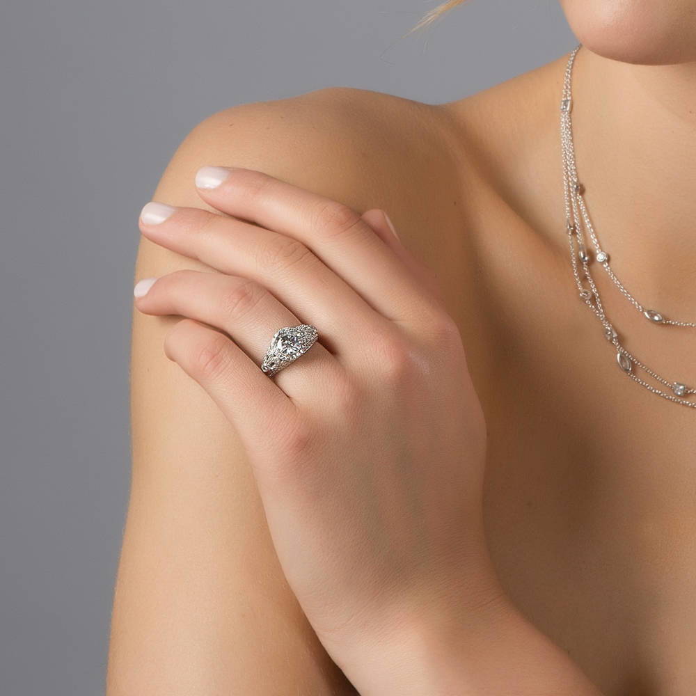 Halo Art Deco Milgrain CZ Ring in Sterling Silver