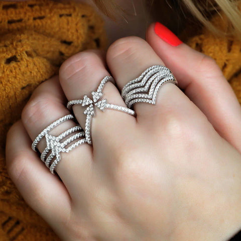 Image Contain: Model Wearing Arrow Ring, Criss Cross Ring, Open Bar Ring