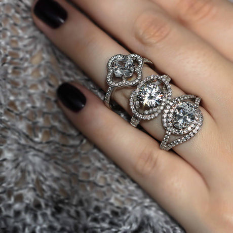Model Wearing Halo Ring, Solitaire with Side Stones Ring, Woven Ring