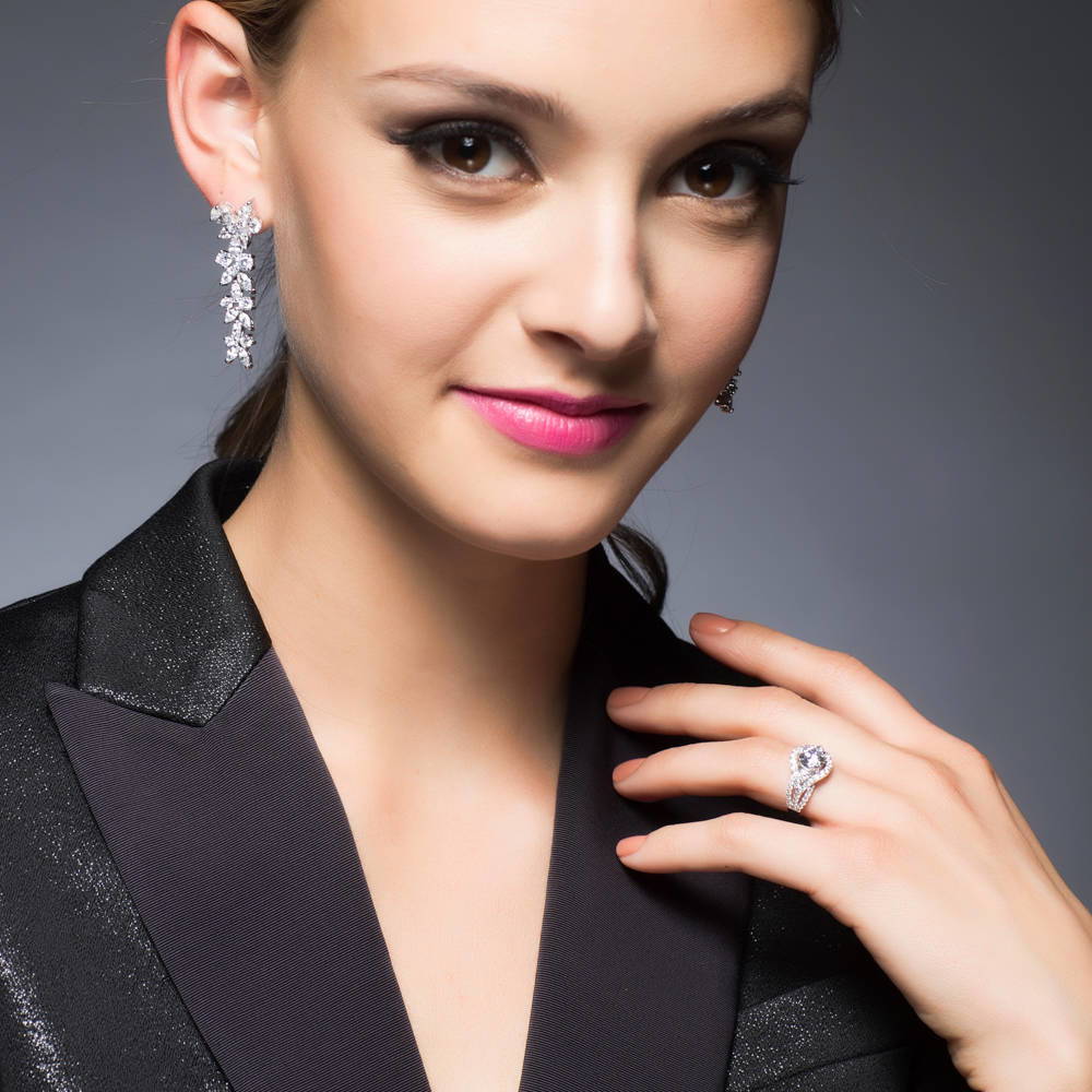 Model wearing 3-Stone Wishbone 1.25ct CZ Ring Set in Sterling Silver, 14 of 14