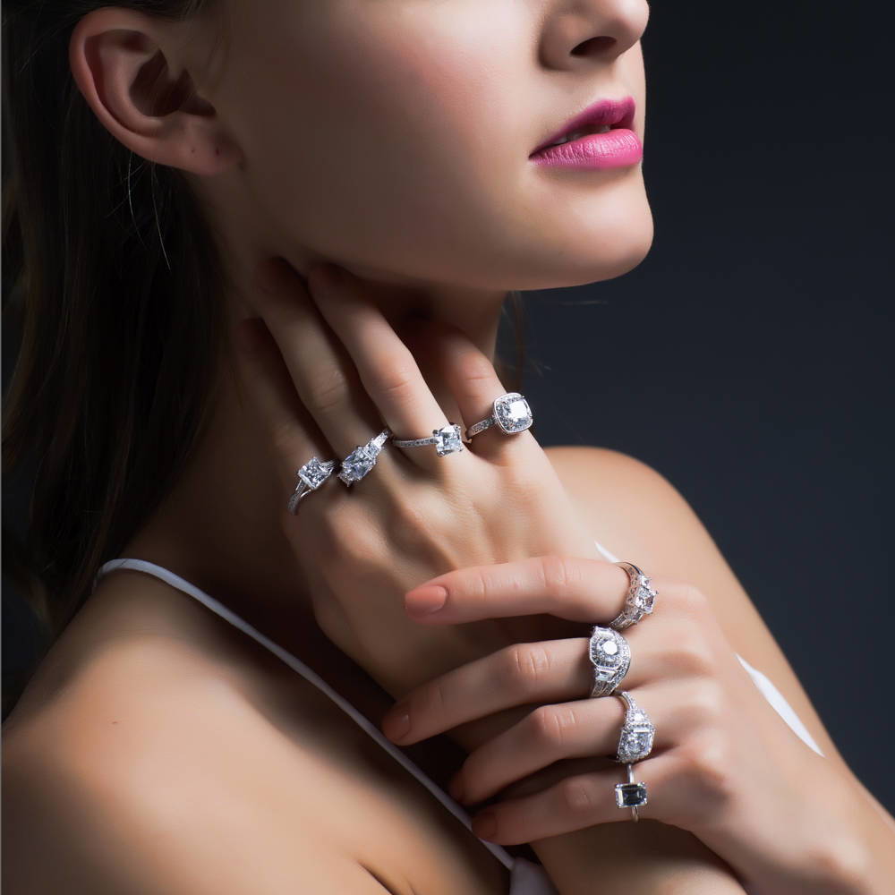 Model wearing Pave Set CZ Curved Half Eternity Ring in Sterling Silver, 6 of 7