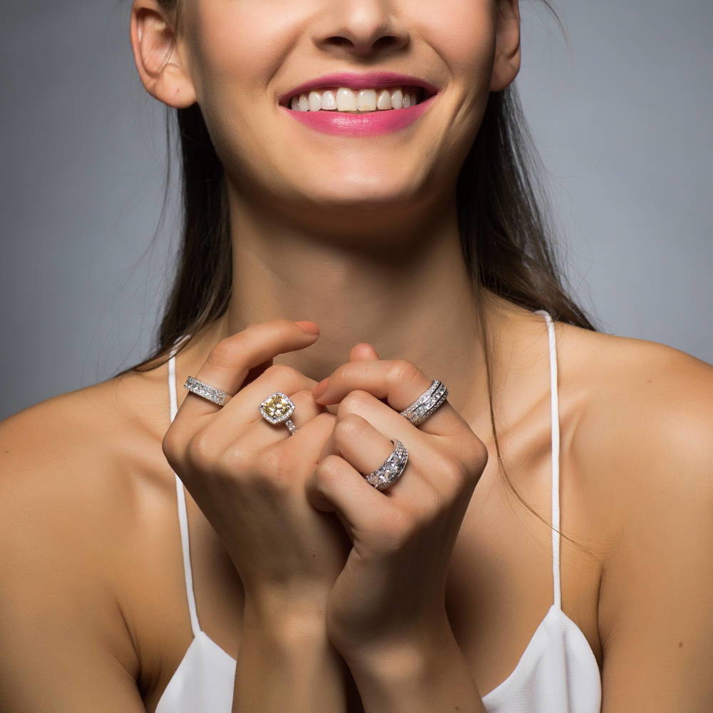 Model wearing Pave Set CZ Curved Half Eternity Ring in Sterling Silver, 3 of 6