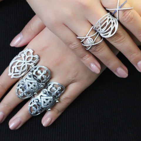 Image Contain: Model Wearing Criss Cross Ring, Cross Armor Knuckle Ring, Filigree Armor Knuckle Ring, Woven Ring