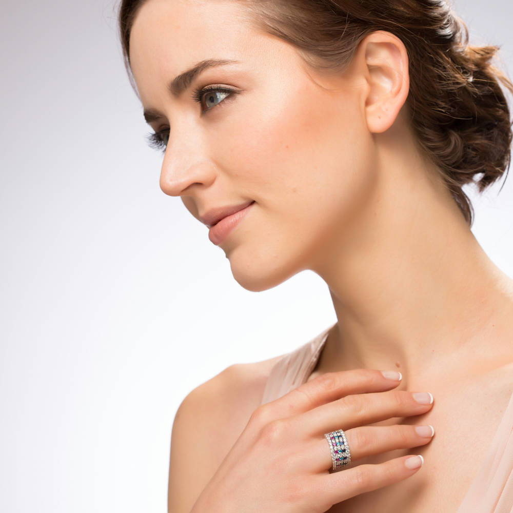 Model wearing Ruby-Red Pave CZ Eternity Ring in Sterling Silver, 2 of 7