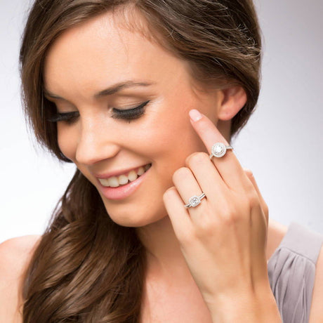 Image Contain: Model Wearing Half Eternity Ring, Halo Ring