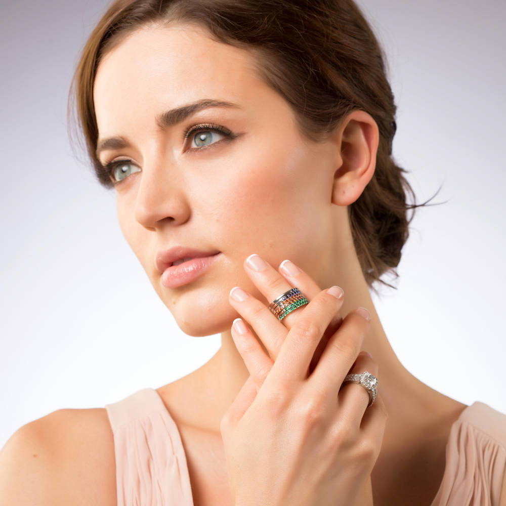 Model wearing Pave Set CZ Half Eternity Ring in Sterling Silver, 6 of 7