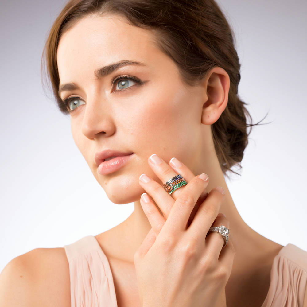 Model wearing Emerald-Green Pave CZ Eternity Ring in Sterling Silver, 3 of 6