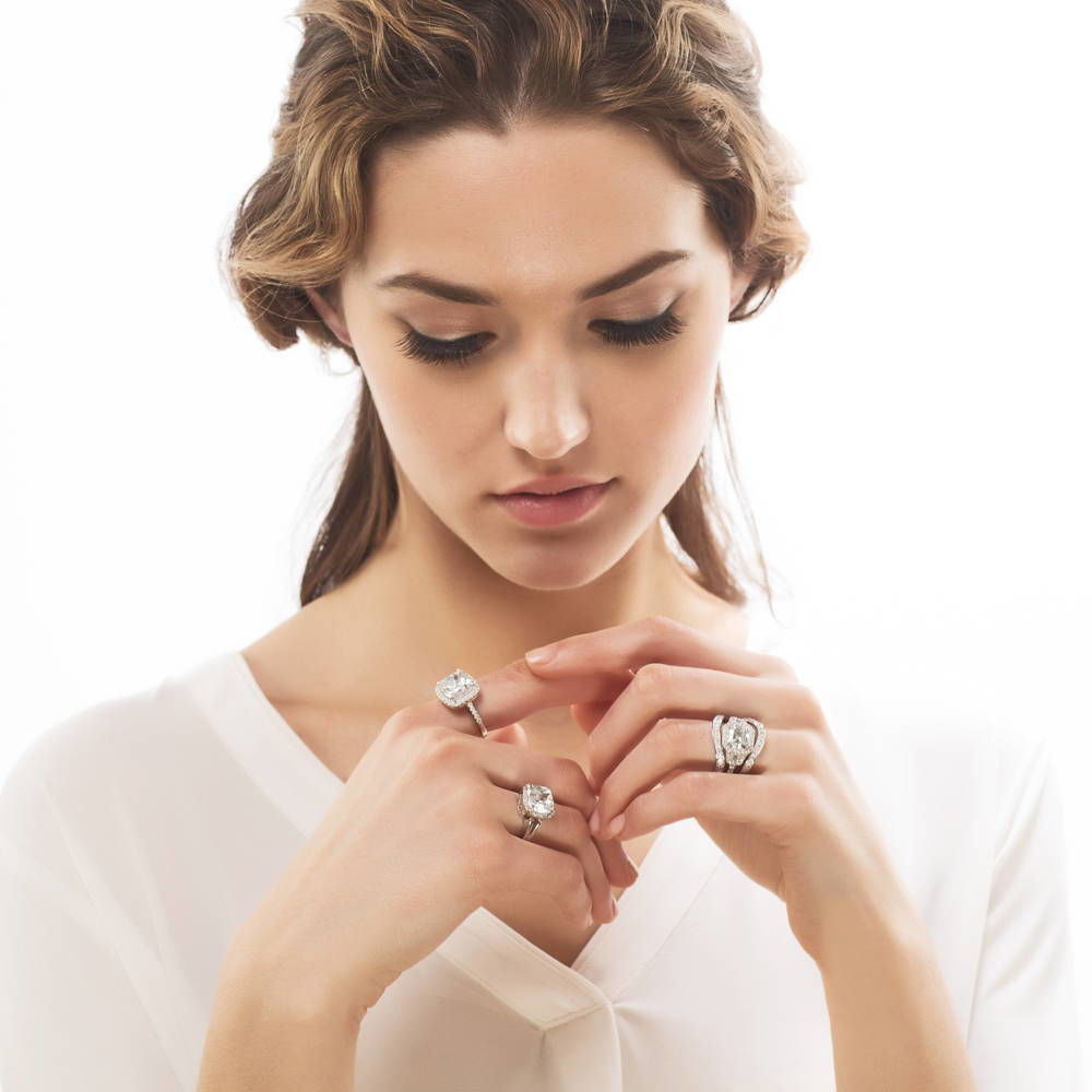 Model wearing Pave Set CZ Curved Half Eternity Ring in Sterling Silver, 5 of 7