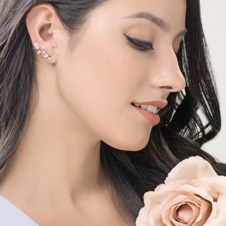 Model Wearing Flower Ear Cuffs
