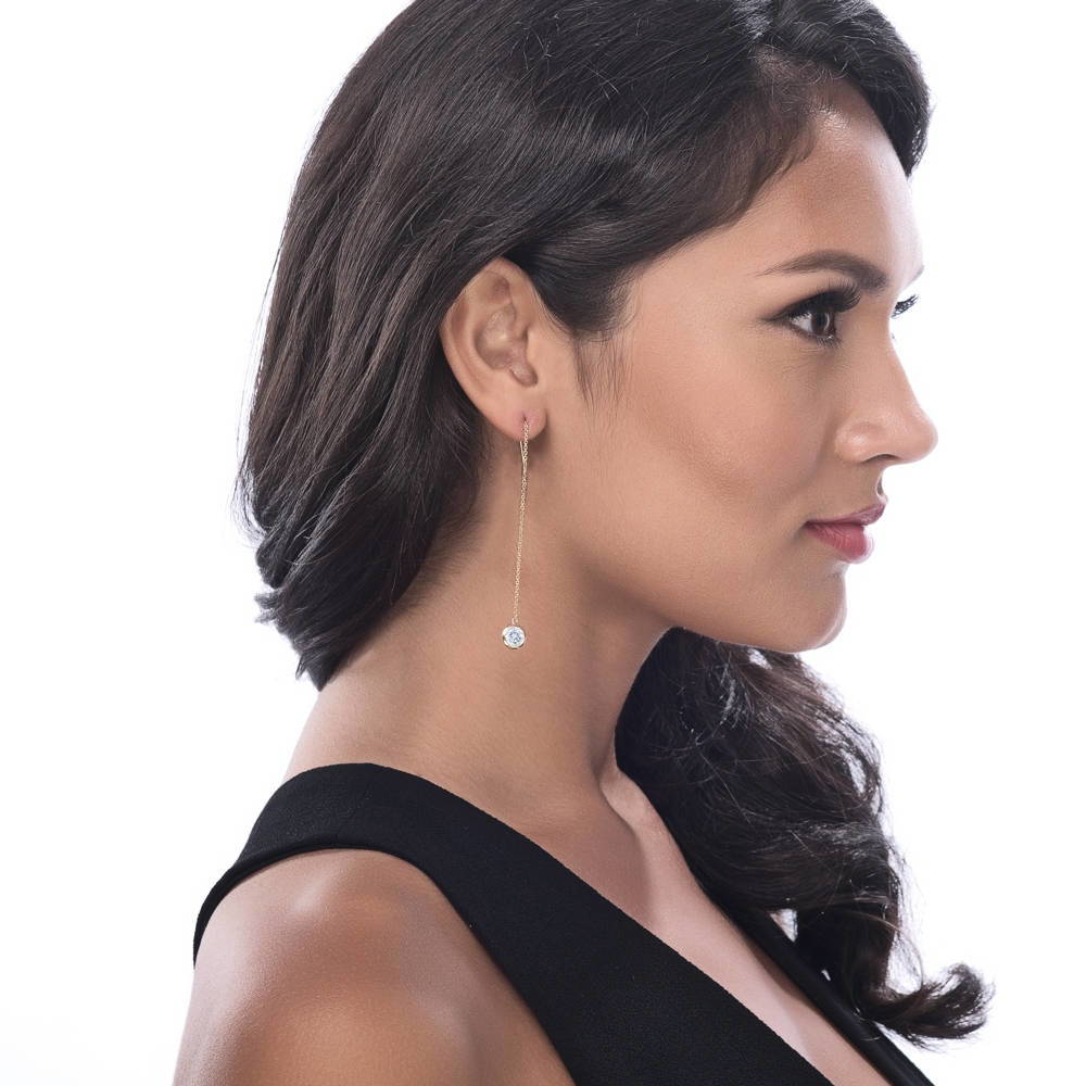 Model wearing CZ Threader Earrings in Sterling Silver, Yellow Gold Flashed