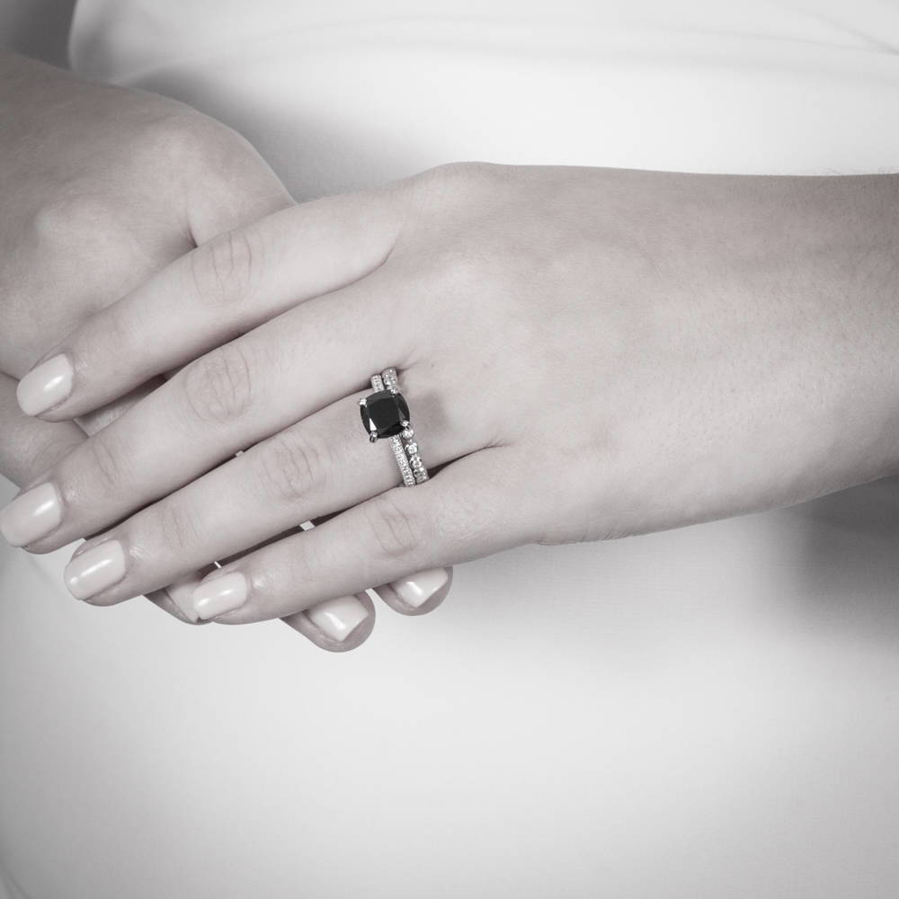 Model wearing Solitaire 3ct Black Cushion CZ Ring in Sterling Silver, 8 of 18