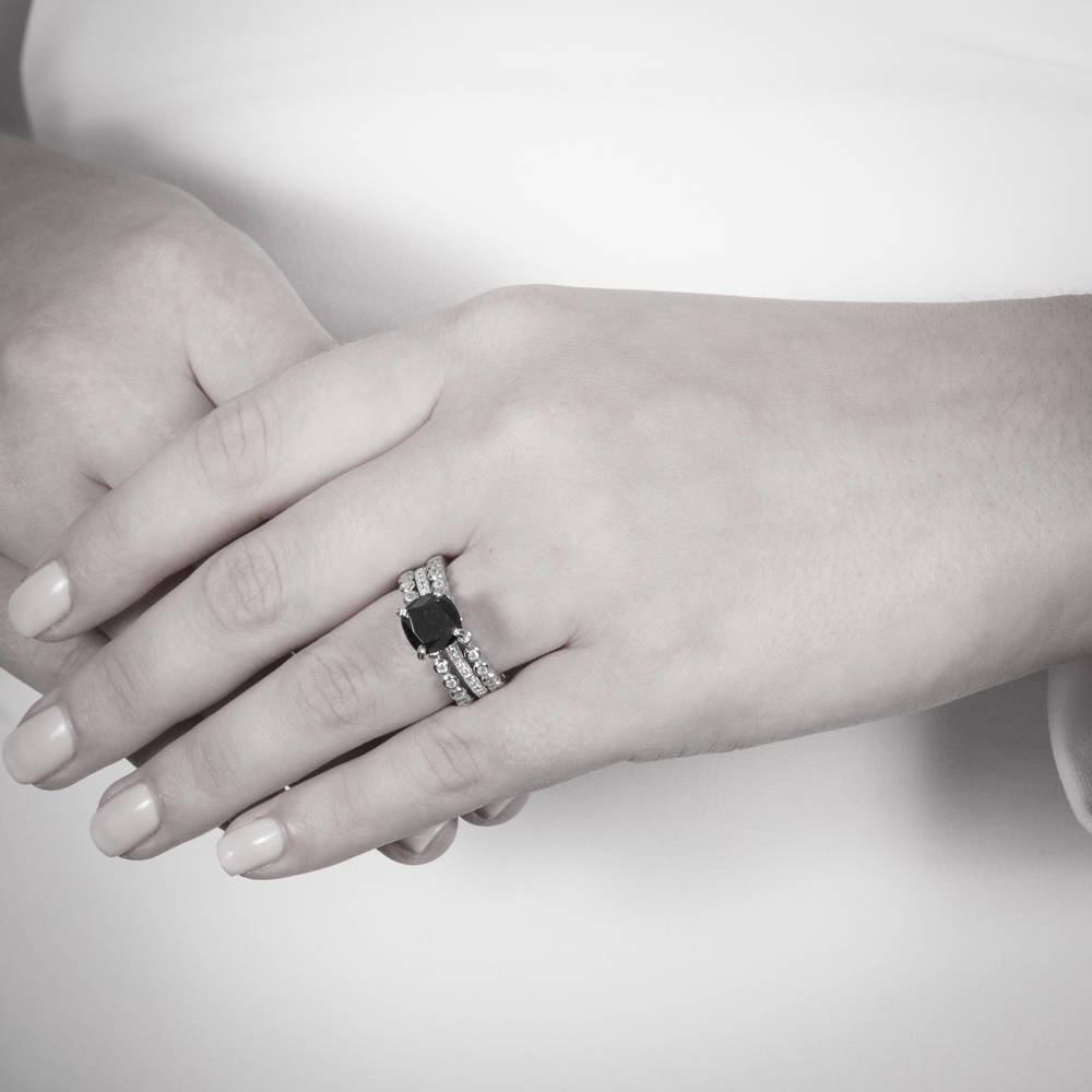 Model wearing Solitaire 3ct Black Cushion CZ Ring in Sterling Silver, 14 of 18