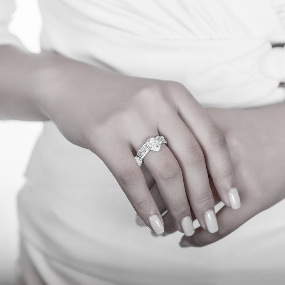 Model wearing Halo Pear CZ Ring Set in Sterling Silver, 3 of 8