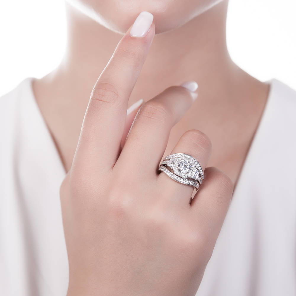 Model wearing Halo Art Deco CZ Ring Set in Sterling Silver, 6 of 15