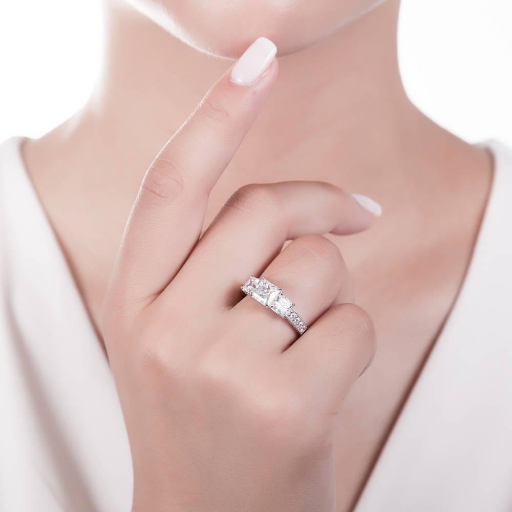 Model wearing 3-Stone 1.6ct Princess CZ Ring Set in Sterling Silver, 10 of 12