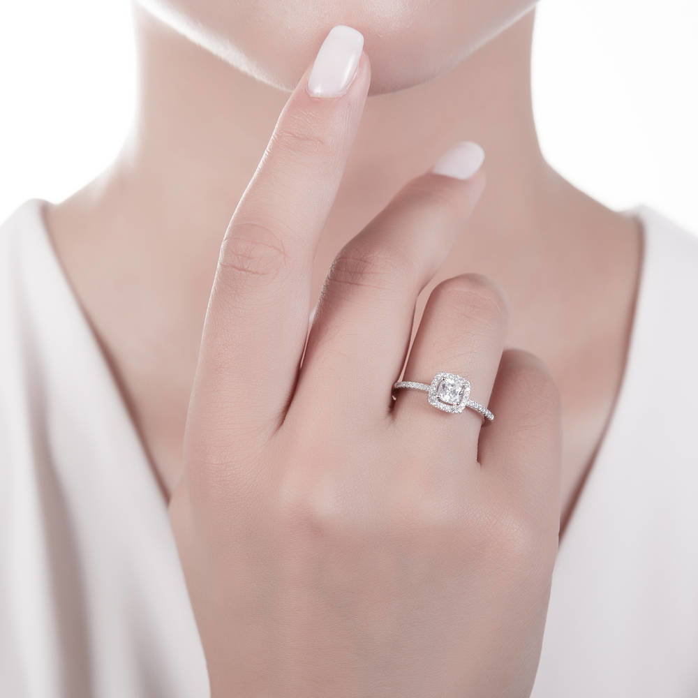 Model wearing Halo Cushion Cut CZ Ring in Sterling Silver, 2 of 7