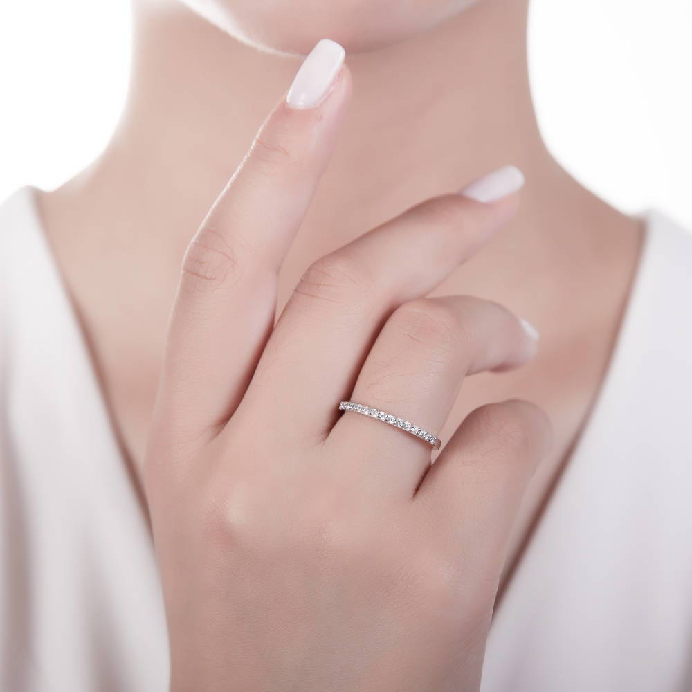 Model wearing Pave Set CZ Half Eternity Ring in Sterling Silver, 2 of 5