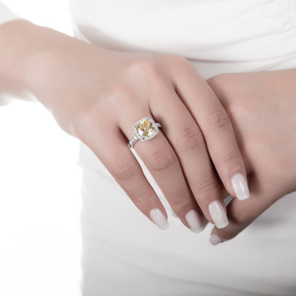 Halo Canary Yellow Cushion CZ Ring in Sterling Silver