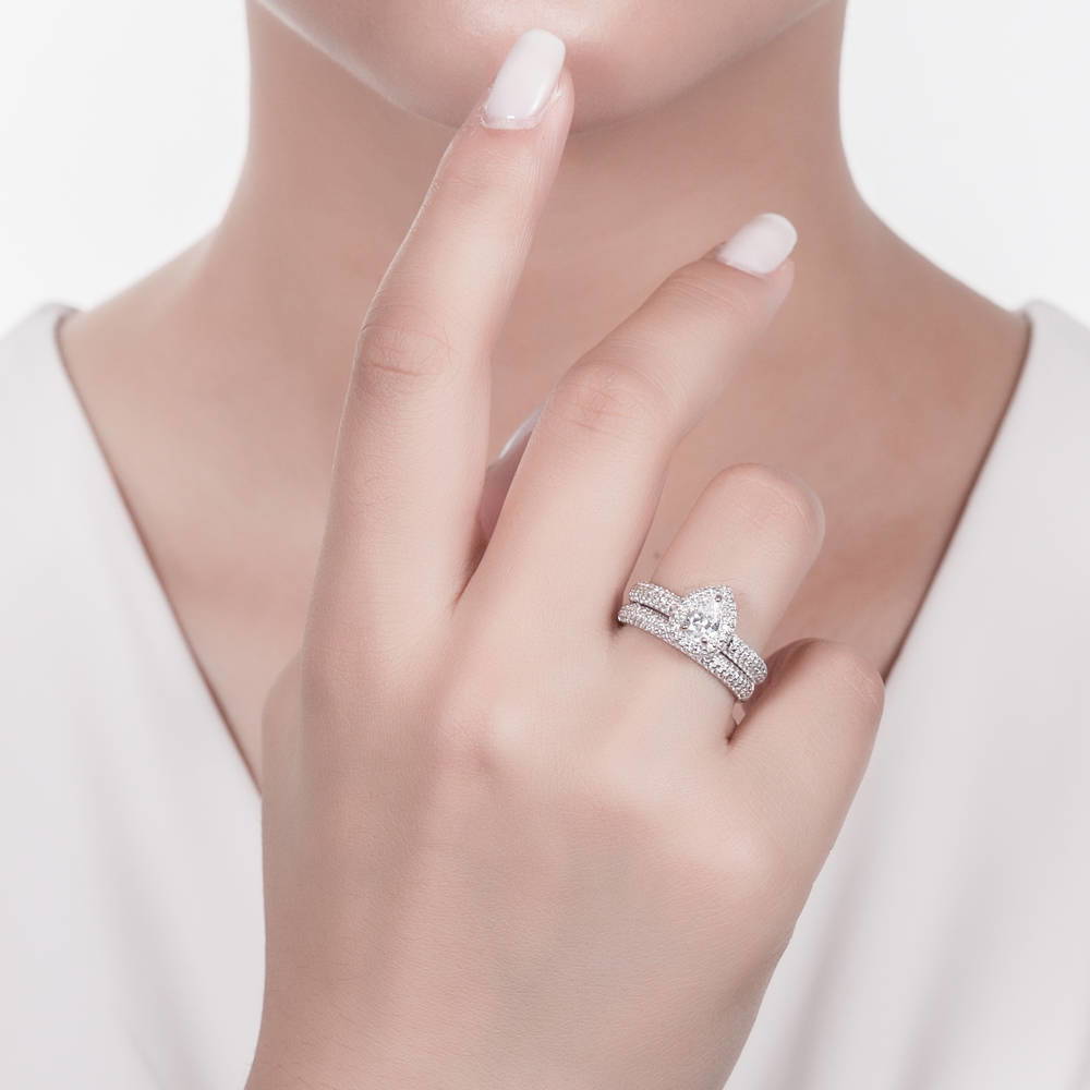 Model wearing Halo Pear CZ Ring Set in Sterling Silver, 2 of 8
