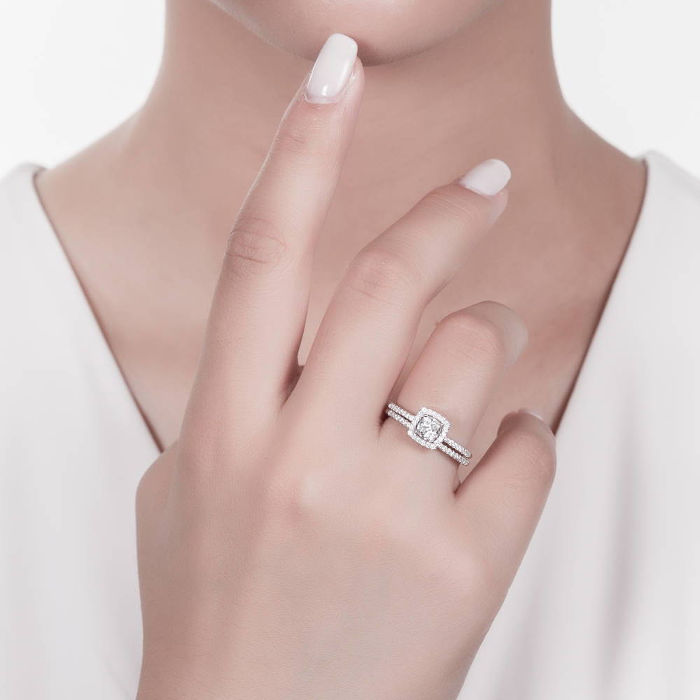Model wearing Halo Cushion CZ Ring Set in Sterling Silver, 6 of 10