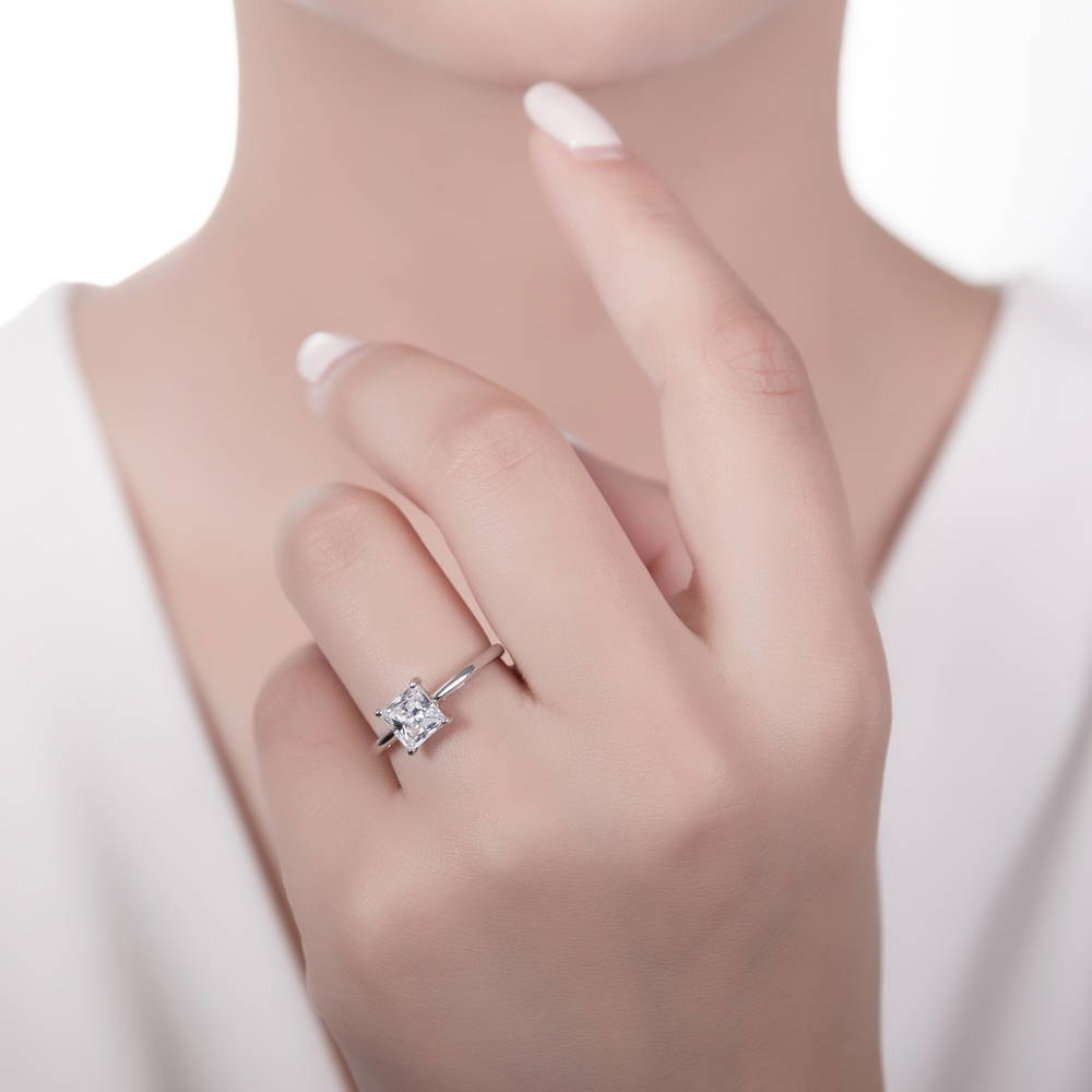 Model wearing Solitaire 1.6ct Princess CZ Ring Set in Sterling Silver, 6 of 10