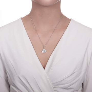 Halo Flower Round CZ Pendant Necklace in Sterling Silver