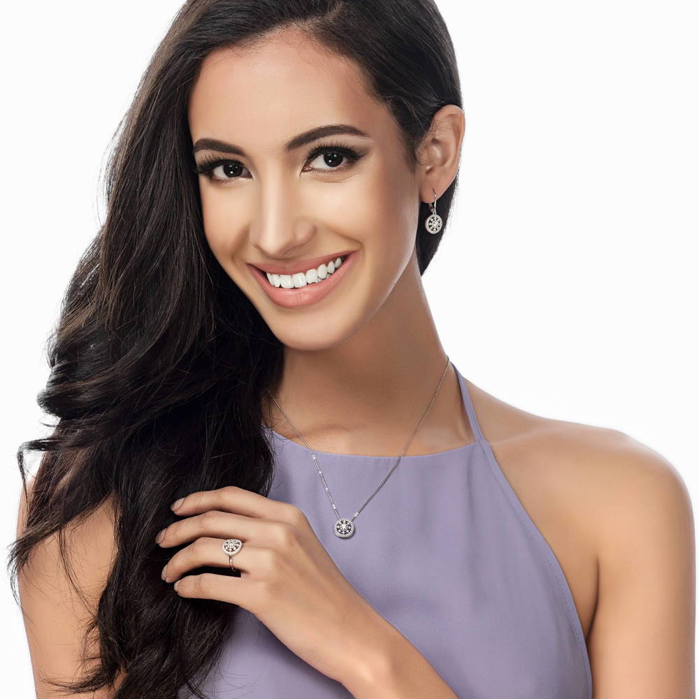 Model wearing Medallion Milgrain CZ Leverback Earrings in Sterling Silver, 2 of 2