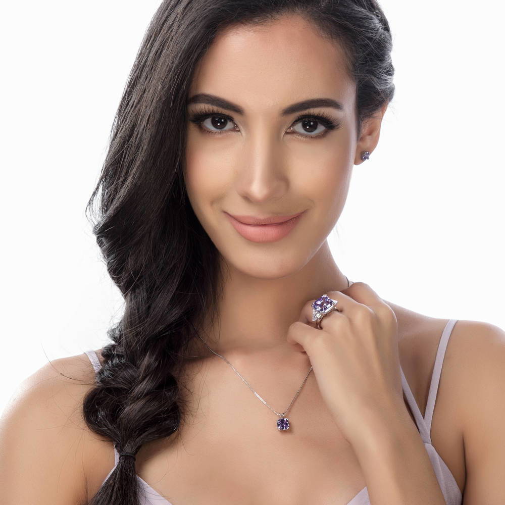 Model wearing 3-Stone 12.6ct Purple Asscher CZ Ring in Sterling Silver, 6 of 10