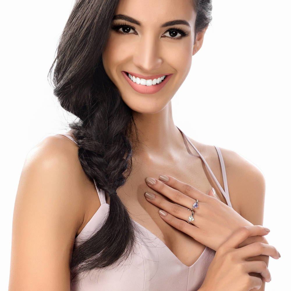 Model wearing Solitaire Heart 1.1ct Heart CZ Ring in Sterling Silver, 3 of 6