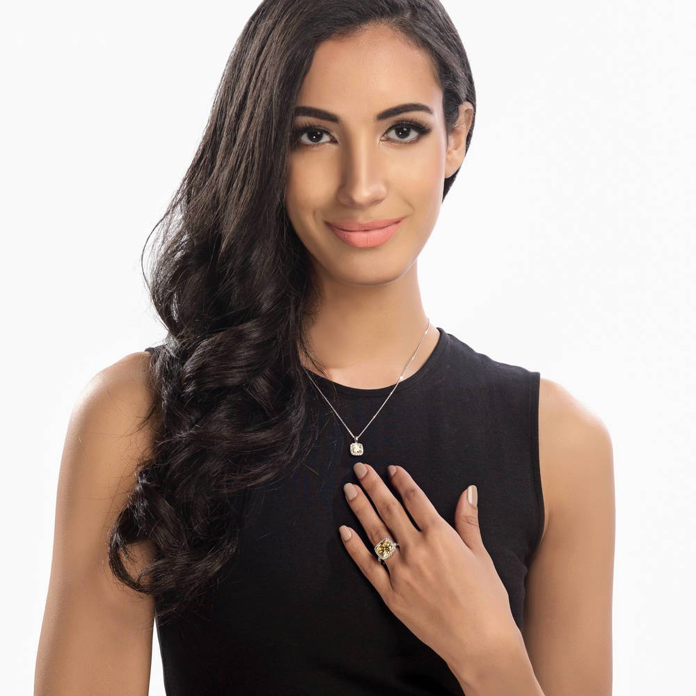 Model wearing Halo Canary Yellow Cushion CZ Ring in Sterling Silver, 10 of 14